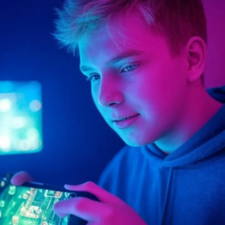 Schermafbeelding van de Avermonda Featured Game of the Month met neon-actie en kleurrijke interface.