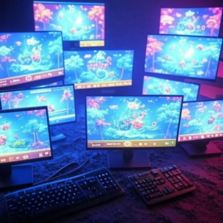 Montage van neon-blauwe en magenta screenshots van populaire Nederlandse mobiele en browsergames