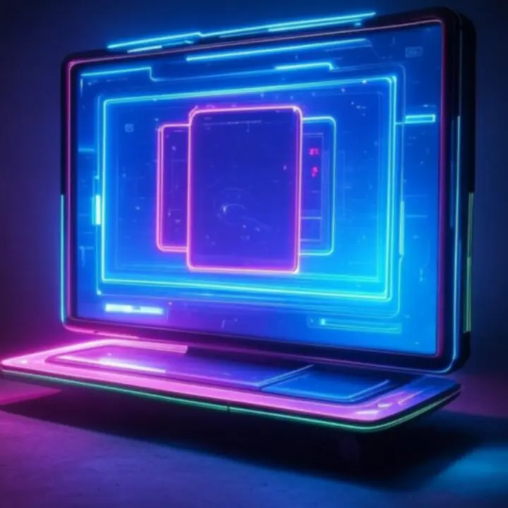 Neon gaming hub met mobiele en browsergames in een moderne interface