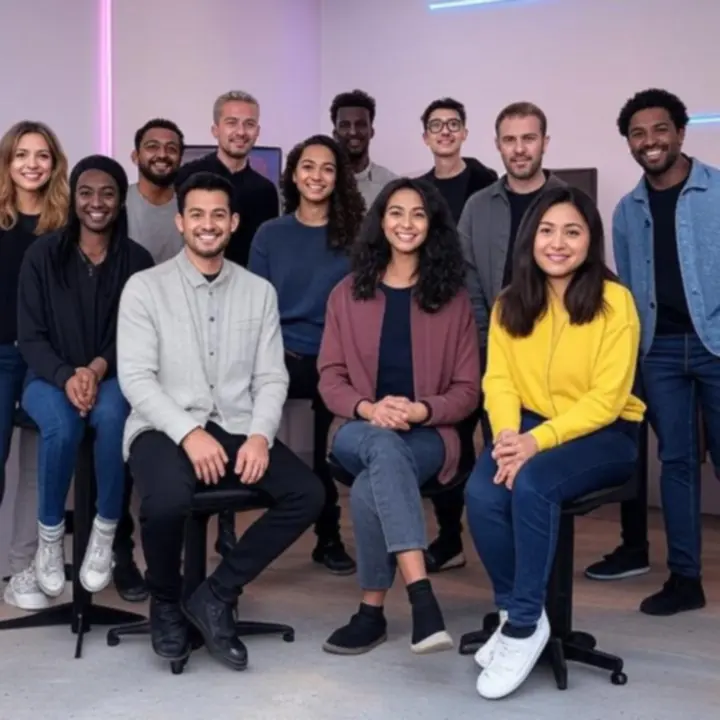 Neonverlichte collage die het redactieteam en hun gaming-setup symboliseert