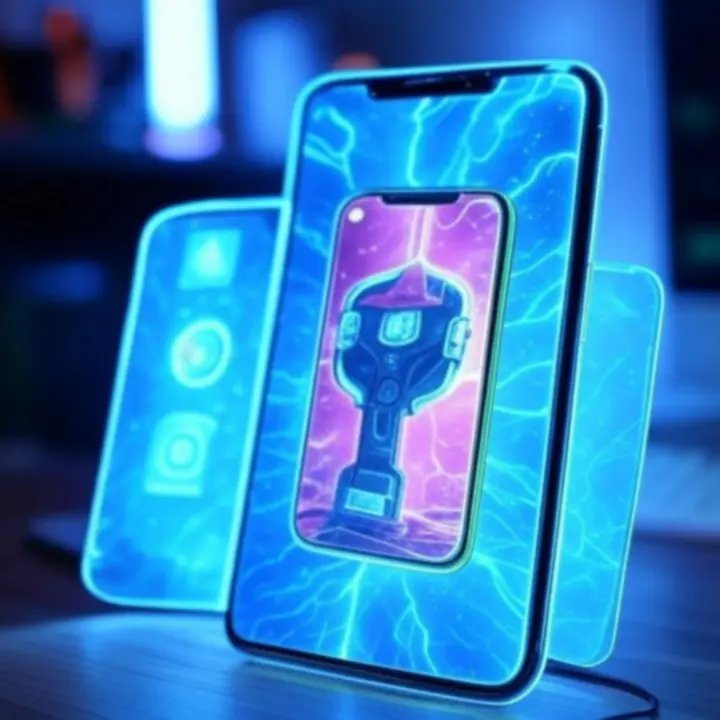 Collage van trending mobiele en browsergames in neonstijl